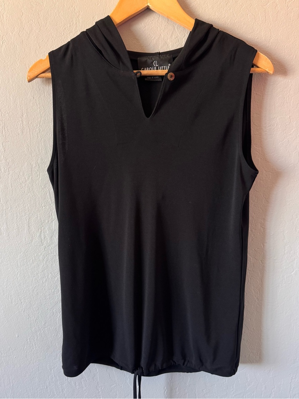 Vintage Carole Little Black Sleeveless Hooded V-Neck Tank with Drawstring Hem
